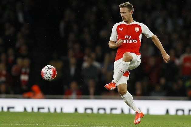 Arsenal's Nacho Monreal kicks the ball during the English Premier League soccer match between Arsenal and Liverpool at Emirates stadium in London, Monday, Aug. 24, 2015. (AP Photo/Kirsty Wigglesworth)