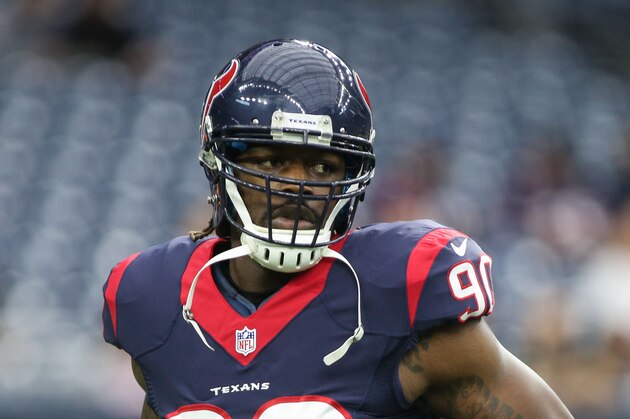 Nov 29, 2015; Houston, TX, USA; Houston Texans outside linebacker Jadeveon Clowney (90) warms up before a game against the New Orleans Saints at NRG Stadium. Mandatory Credit: Troy Taormina-USA TODAY Sports