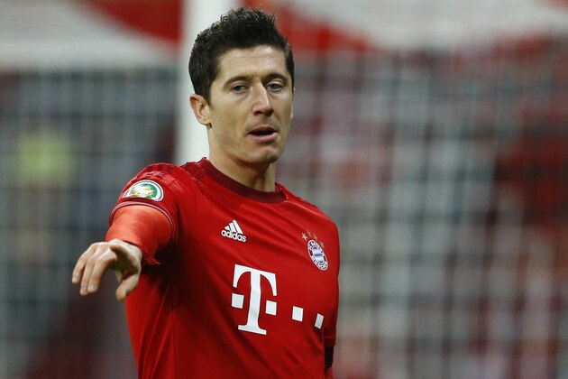 Bayern's Robert Lewandowski gestures during the German soccer cup (DFB Pokal) match between FC Bayern Munich and SV Darmstadt 98 at the Allianz Arena stadium in Munich, Germany, Tuesday, Dec. 15, 2015. (AP Photo/Matthias Schrader)