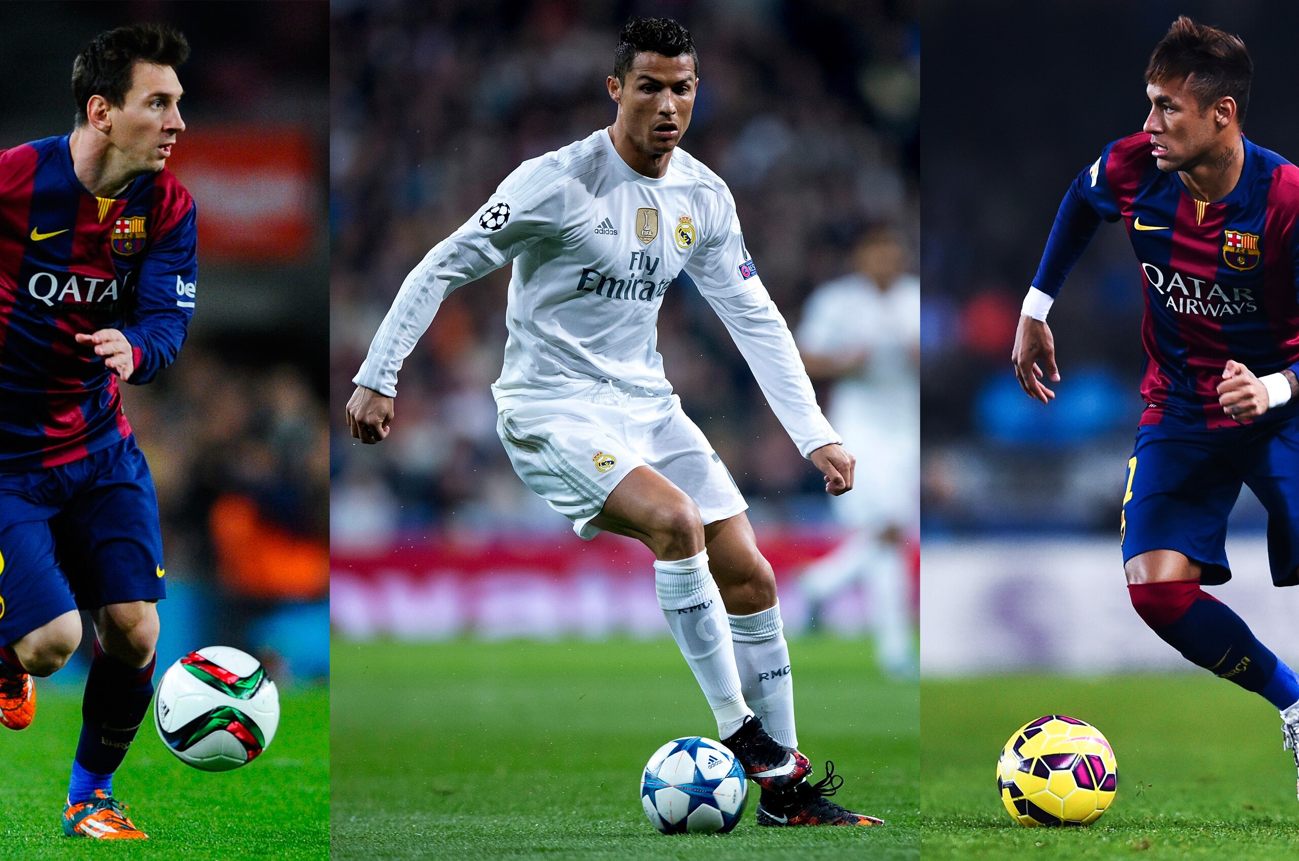 (FILE PHOTO) In this composite image (Image numbers 463262922,495914428,461027534) a comparison has been made between Lionel Messi  (L), Cristiano Ronaldo (C) and Neymar  (R). All three players have been short listed for the FIFA Ballon d'Or 2015, the winner of the award will be revealed at the FIFA Ballon dOr gala on January 11, 2016. ***LEFT IMAGE*** BARCELONA, SPAIN - FEBRUARY 11: Lionel Messi of FC Barcelona runs with the ball during the Copa del Rey Semi-Final first leg match between FC Barcelona and Villarreal CF at Camp Nou on February 11, 2015 in Barcelona, Spain. (Photo by David Ramos/Getty Images) ***CENTRE IMAGE**** MADRID, SPAIN - NOVEMBER 03: Cristiano Ronaldo of Real Madrid CF controls the ball during the UEFA Champions League Group A match between Real Madrid CF and Paris Saint-Germain at Estadio Santiago Bernabeu on November 3, 2015 in Madrid, Spain. (Photo by Gonzalo Arroyo Moreno/Getty Images) ***RIGHT IMAGE*** SAN SEBASTIAN, SPAIN - JANUARY 04: Neymar of FC Barcelona runs with the ball duri