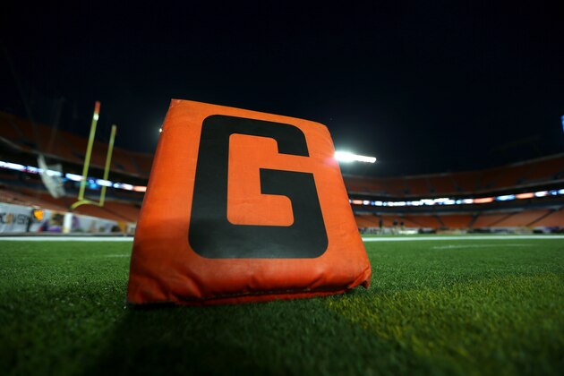 MIAMI GARDENS, FL - JANUARY 01:  A detail of the orange goal marker in the endzone as the Florida State Seminoles play the Northern Illinois Huskies during the Discover Orange Bowl at Sun Life Stadium on January 1, 2013 in Miami Gardens, Florida.  (Photo by Streeter Lecka/Getty Images)