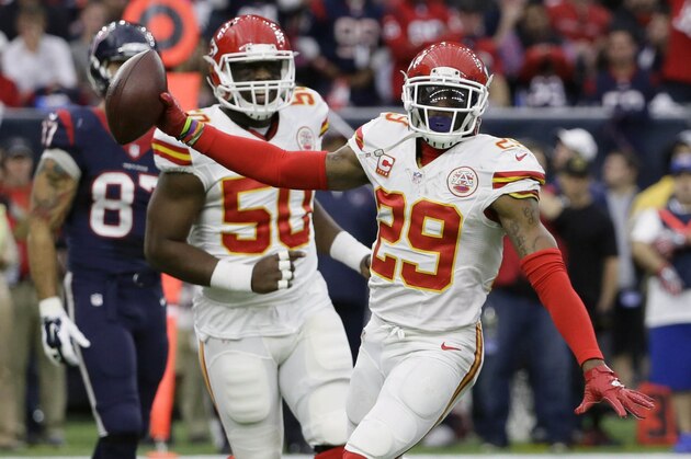Kansas City Chiefs free safety Eric Berry (29) celebrates his interception against the Houston Texans during the first half of an NFL wild-card football game Saturday, Jan. 9, 2016, in Houston. (AP Photo/Tony Gutierrez)
