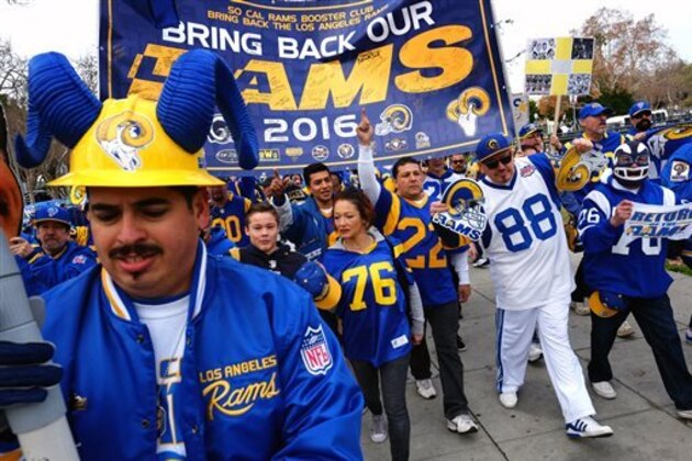 Rams football fans hold banners, wave signs and chant while marching around the historic Los Angeles Memorial Coliseum. Saturday, Jan. 9, 2016 in Los Angeles. Boisterous Los Angeles Rams fans gathered Saturday to herald the NFL football team's possibly imminent return to Southern California after a 21-year sojourn in St. Louis. (AP Photo/Richard Vogel)