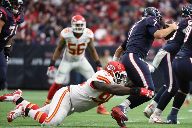 Kansas City Chiefs defensive end Jaye Howard (96) sackes Houston Texans quarterback Brian Hoyer (7) during the first half of an NFL wild-card playoff football game Saturday, Jan. 9, 2016, in Houston. (AP Photo/Eric Christian Smith)