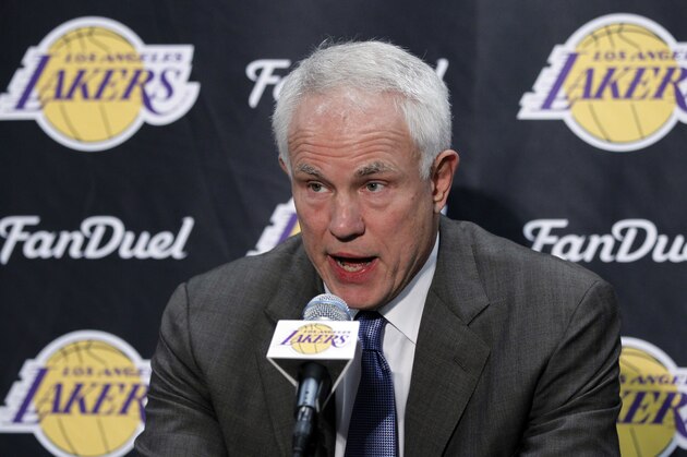 Los Angeles Lakers general manager Mitch Kupchak talks about the announcement by Kobe Bryant of his retirement at the end of the season before an NBA basketball game against the Indiana Pacers in Los Angeles, Sunday, Nov. 29, 2015. (AP Photo/Alex Gallardo)