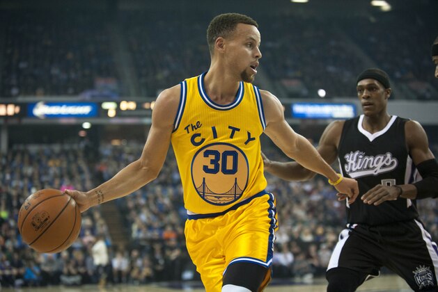 Jan 9, 2016; Sacramento, CA, USA; Golden State Warriors guard Stephen Curry (30) gains control of the ball during the first quarter against the Sacramento Kings at Sleep Train Arena. Mandatory Credit: Ed Szczepanski-USA TODAY Sports