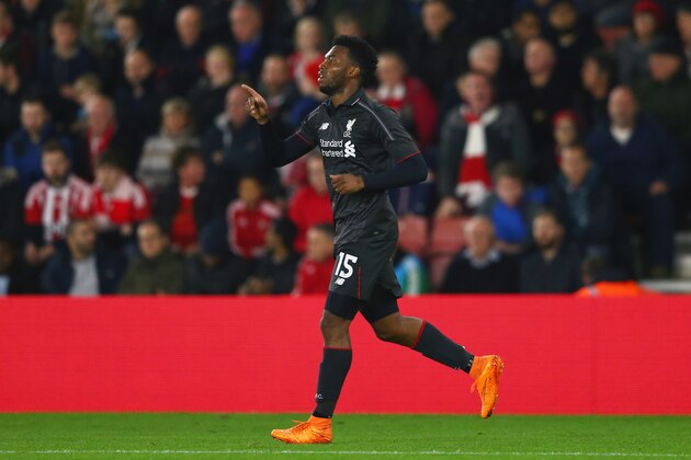 SOUTHAMPTON, ENGLAND - DECEMBER 02:  Daniel Sturridge of Liverpool celebrates as he scores their first goal during the Capital One Cup quarter final match between Southampton and Liverpool at St Mary's Stadium on December 2, 2015 in Southampton, England.  (Photo by Michael Steele/Getty Images)