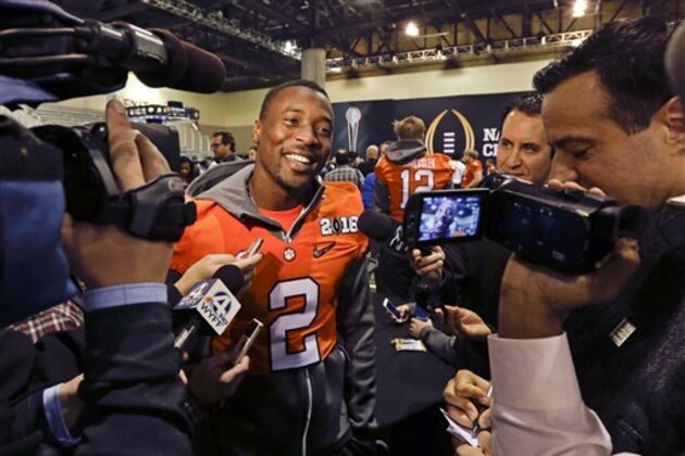 Clemson cornerback Mackensie Alexander talks during media day for the NCAA College Football Playoff National Championship in Phoenix, Saturday, Jan. 9, 2016. Clemson will face Alabama in Monday's game. (AP Photo/David J. Phillip)