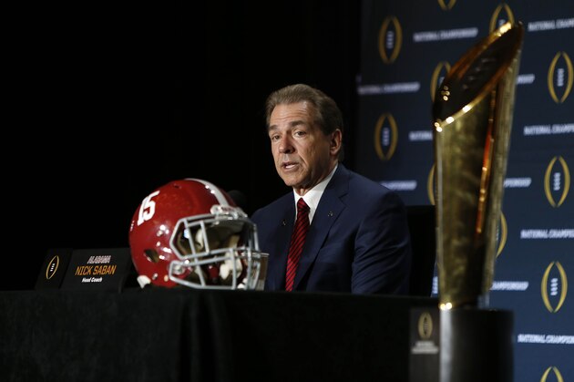 January 10, 2016; Scottsdale, AZ, USA; Alabama Crimson Tide head coach Nick Saban speaks to media in advance of the College Football Playoff championship at JW Marriott Camelback Inn. Mandatory Credit: Erich Schlegel-USA TODAY Sports