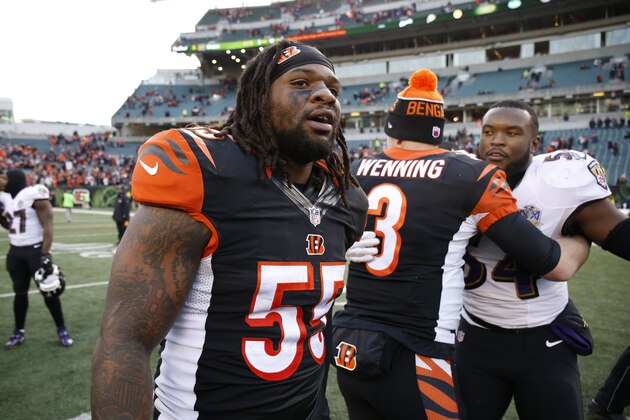 Cincinnati Bengals outside linebacker Vontaze Burfict (55) walks off the field after an NFL football game against the Baltimore Ravens, Sunday, Jan. 3, 2016, in Cincinnati. Cincinnati won 24-16. (AP Photo/Gary Landers)