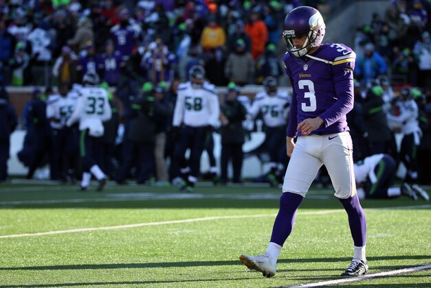 Jan 10, 2016; Minneapolis, MN, USA; Minnesota Vikings kicker Blair Walsh (3) reacts after missing a field goal attempt against the Seattle Seahawks in the fourth quarter of a NFC Wild Card playoff football game at TCF Bank Stadium. Mandatory Credit: Brace Hemmelgarn-USA TODAY Sports