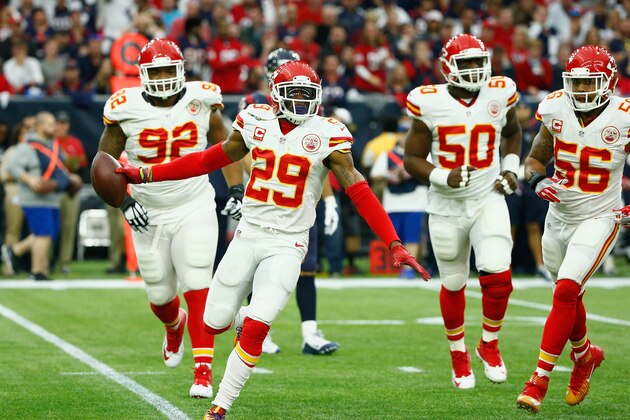 HOUSTON, TX - JANUARY 09:  Eric Berry #29 of the Kansas City Chiefs celebrates his first quarter interception against the Houston Texans during the AFC Wild Card Playoff game at NRG Stadium on January 9, 2016 in Houston, Texas.  (Photo by Scott Halleran/Getty Images)