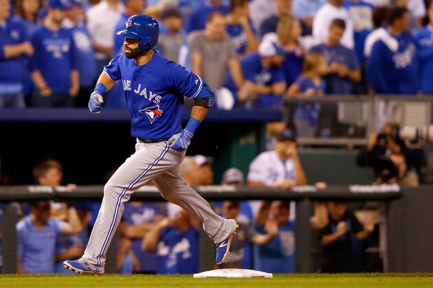 KANSAS CITY, MO - OCTOBER 23:  Jose Bautista #19 of the Toronto Blue Jays rounds the bases after he hits a two-run home run in the eighth inning against the Kansas City Royals in game six of the 2015 MLB American League Championship Series at Kauffman Stadium on October 23, 2015 in Kansas City, Missouri.  (Photo by Jamie Squire/Getty Images)