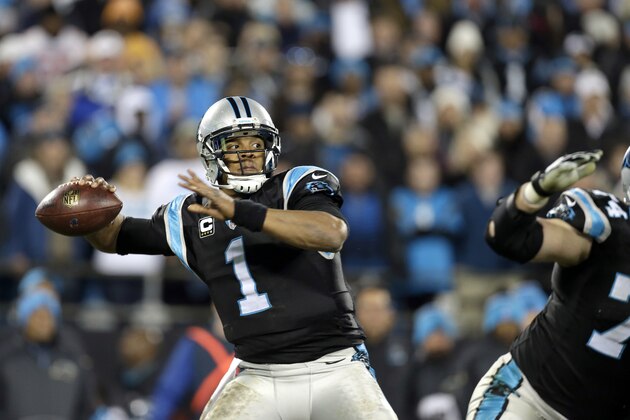 Carolina Panthers' Cam Newton (1) looks to pass against the Tampa Bay Buccaneers during the second half of an NFL football game in Charlotte, N.C., Sunday, Jan. 3, 2016. The Panthers won 38-10. (AP Photo/Bob Leverone)
