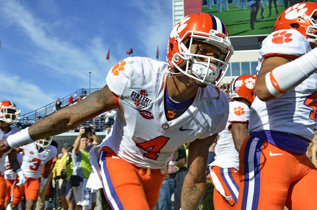 Clemson quarterback Deshaun Watson takes the field before the start of an NCAA college football game against South Carolina Saturday, Nov. 28, 2015, in Columbia, S.C. Clemson won 37-32. (AP Photo/Richard Shiro)