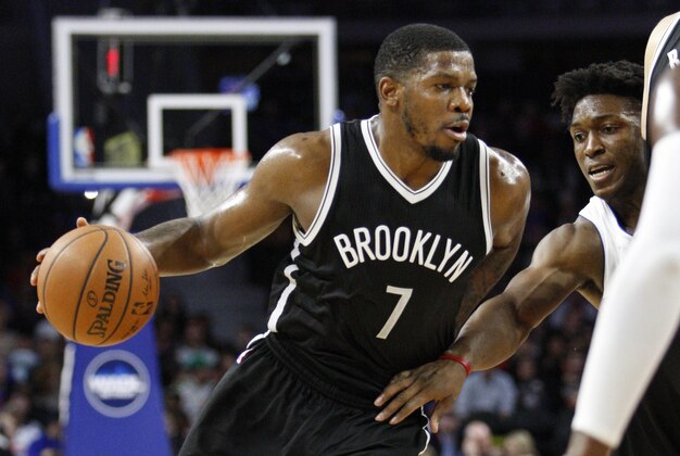 Jan 9, 2016; Auburn Hills, MI, USA; Brooklyn Nets forward Joe Johnson (7) dribbles the ball around Detroit Pistons forward Stanley Johnson (3) during the second quarter at The Palace of Auburn Hills. Mandatory Credit: Raj Mehta-USA TODAY Sports