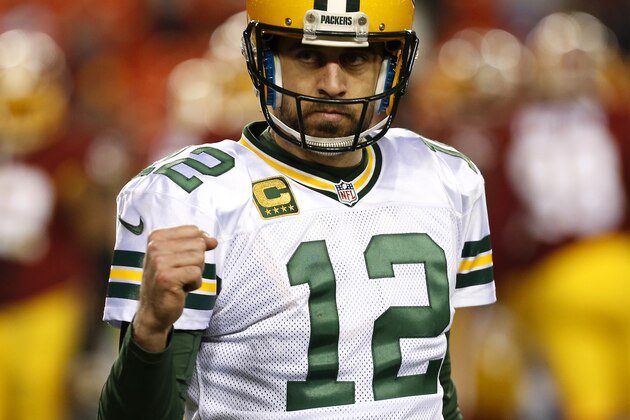 LANDOVER, MD - JANUARY 10: Quarterback Aaron Rodgers #12 of the Green Bay Packers celebrates after the Green Bay Packers defeated the Washington Redskins 35-18 during the NFC Wild Card Playoff game at FedExField on January 10, 2016 in Landover, Maryland. (Photo by Rob Carr/Getty Images)