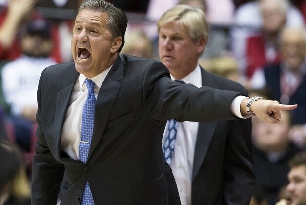 Kentucky coach John Calipari yells to officials after a foul was called during the first half of his team's NCAA college basketball game against Alabama, Saturday, Jan. 9, 2016, in Tuscaloosa, Ala. (AP Photo/Brynn Anderson)
