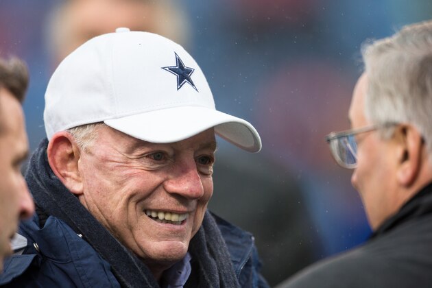 ORCHARD PARK, NY - DECEMBER 27:  Dallas Cowboys owner and general manager Jerry Jones speaks with Buffalo Bills owner Terry Pegula before the game between the two teams on December 27, 2015 at Ralph Wilson Stadium in Orchard Park, New York.  Buffalo defeats Dallas 16-6.  (Photo by Brett Carlsen/Getty Images)