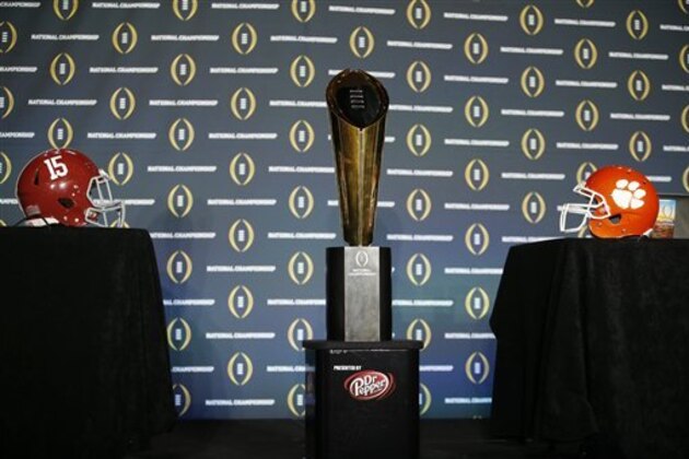 The national championship trophy is seen before a new conference for the NCAA college football playoff championship game between Clemson and Alabama Sunday, Jan. 10, 2016, in Glendale, Ariz. (AP Photo/David J. Phillip) The national championship trophy is seen before a new conference for the NCAA college football playoff championship game between Clemson and Alabama Sunday, Jan. 10, 2016, in Glendale, Ariz. (AP Photo/David J. Phillip)