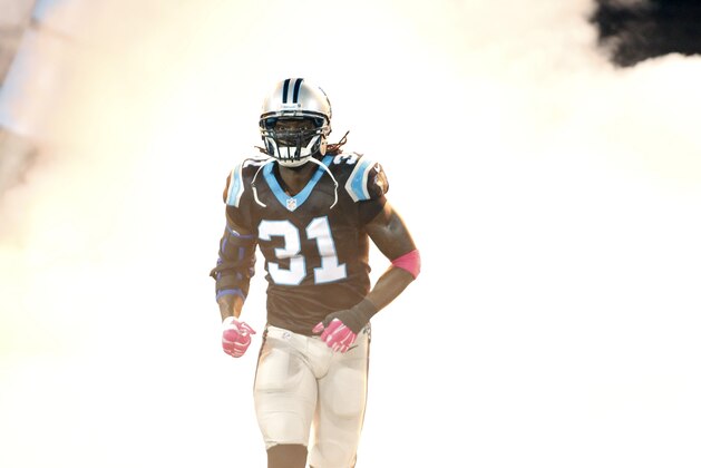 Carolina Panthers' Charles Tillman (31) during introductions before an NFL football game against the Philadelphia Eagles in Charlotte, N.C., Sunday, Oct. 25, 2015. The Panthers won 27-16. (AP Photo/Bob Leverone)
