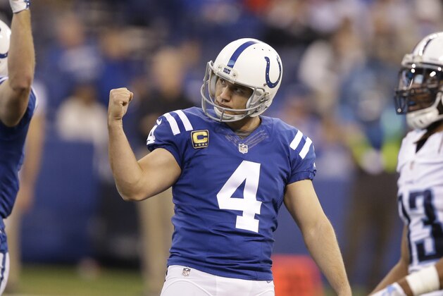 Indianapolis Colts kicker Adam Vinatieri (4) reacts after kicking a field goal against the Tennessee Titans during the first half of an NFL football game in Indianapolis, Sunday, Jan. 3, 2016. (AP Photo/Darron Cummings)