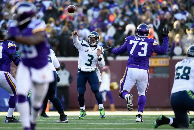 MINNEAPOLIS, MN - JANUARY 10:  Russell Wilson #3 of the Seattle Seahawks throws a pass in the fourth quarter against the Minnesota Vikings during the NFC Wild Card Playoff game at TCFBank Stadium on January 10, 2016 in Minneapolis, Minnesota.  (Photo by Hannah Foslien/Getty Images)