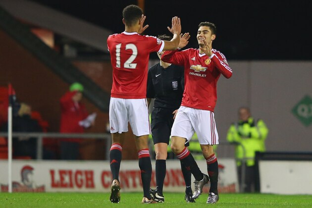 LEIGH, GREATER MANCHESTER - JANUARY 04:  Andreas Pereira of Manchester United U21 celebrates with Ashley Fletcher after scoring their third goal during the Barclays U21 Premier League match between Manchester United U21 and Tottenham Hotspur U21 at Leigh Sports Village on January 4, 2016 in Leigh, Greater Manchester.  (Photo by Alex Livesey/Getty Images)