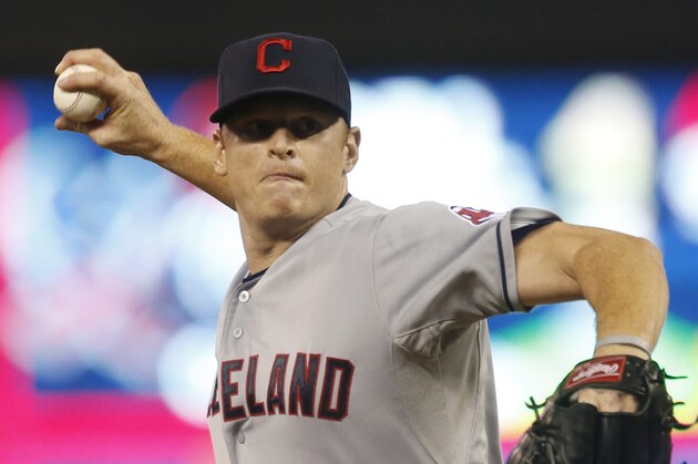 Cleveland Indians pitcher Gavin Floyd throws against the Minnesota Twins in a baseball game, Wednesday, Sept. 23, 2015, in Minneapolis.  (AP Photo/Jim Mone)