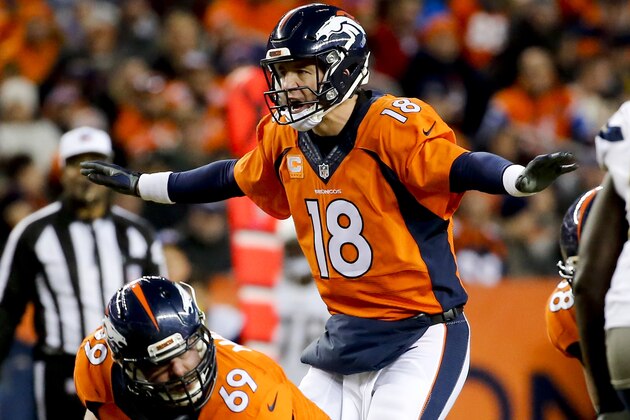 El quarterback Peyton Manning, de los Broncos de Denver, se prepara en una serie ofensiva en la segunda mitad del encuentro ante los Chargers de San Diego, el domingo 3 de enero de 2016, en Denver. (AP Photo/Jack Dempsey)