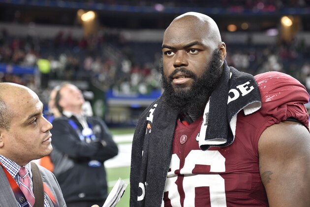 Dec 31, 2015; Arlington, TX, USA; Alabama Crimson Tide defensive lineman A'Shawn Robinson (86) is interviewed after the win over Michigan State Spartans in the 2015 CFP semifinal at the Cotton Bowl at AT&T Stadium. Alabama won 38-0. Mandatory Credit: Jerome Miron-USA TODAY Sports