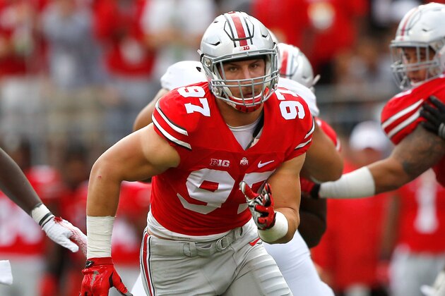 Sep 19, 2015; Columbus, OH, USA; Ohio State Buckeyes defensive lineman Joey Bosa (97) versus the Northern Illinois Huskies at Ohio Stadium. Ohio State held on to win 20-13. Mandatory Credit: Joe Maiorana-USA TODAY Sports