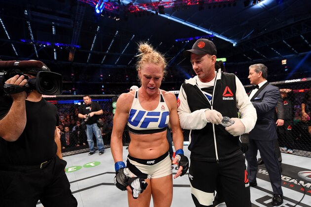 MELBOURNE, AUSTRALIA - NOVEMBER 15:  Holly Holm celebrates her second round KO (head kick and punches) over Ronda Rousey (not pictured) in their UFC women's bantamweight championship bout during the UFC 193 event at Etihad Stadium on November 15, 2015 in Melbourne, Australia.  (Photo by Josh Hedges/Zuffa LLC/Zuffa LLC via Getty Images)