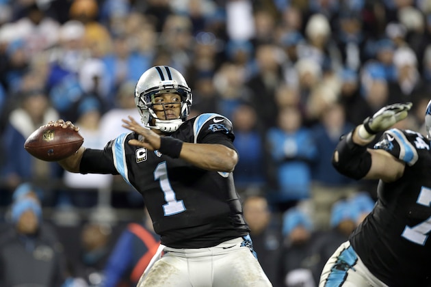Carolina Panthers' Cam Newton (1) looks to pass against the Tampa Bay Buccaneers during the second half of an NFL football game in Charlotte, N.C., Sunday, Jan. 3, 2016. The Panthers won 38-10. (AP Photo/Bob Leverone)