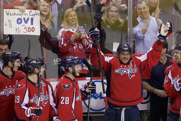 Jan 10, 2016; Washington, DC, USA; Washington Capitals left wing Alex Ovechkin (8) reacts on the bench after scoring his 500th career NHL goal against the Ottawa Senators during the second period at Verizon Center. Mandatory Credit: Rafael Suanes-USA TODAY Sports