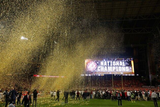 GLENDALE, AZ - JANUARY 11:  Confetti falls as the Alabama Crimson Tide celebrates after defeating the Clemson Tigers in the 2016 College Football Playoff National Championship Game at University of Phoenix Stadium on January 11, 2016 in Glendale, Arizona.  The Crimson Tide defeated the Tigers with a score of 45 to 40.  (Photo by Kevin C. Cox/Getty Images)