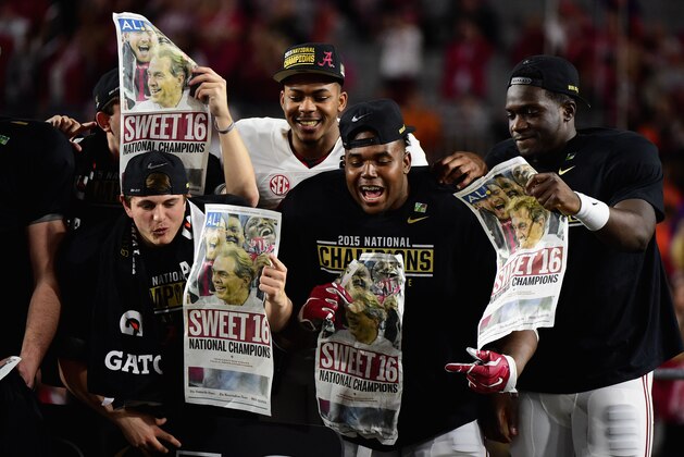 GLENDALE, AZ - JANUARY 11:  The Alabama Crimson Tide celebrate after defeating the Clemson Tigers in the 2016 College Football Playoff National Championship Game at University of Phoenix Stadium on January 11, 2016 in Glendale, Arizona.  The Crimson Tide defeated the Tigers with a score of 45 to 40.  (Photo by Harry How/Getty Images)