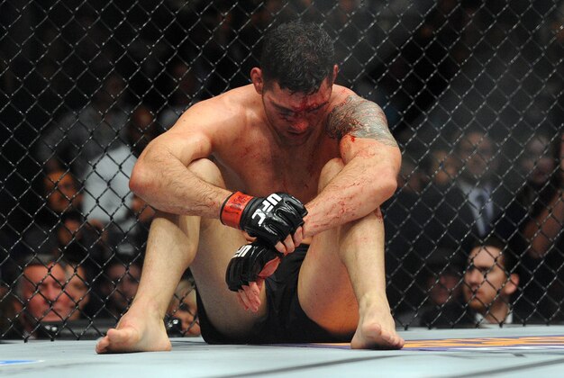 December 12, 2015; Las Vegas, NV, USA; Chris Weidman reacts following his championship loss against Luke Rockhold during UFC 194 at MGM Grand Garden Arena. Mandatory Credit: Gary A. Vasquez-USA TODAY Sports