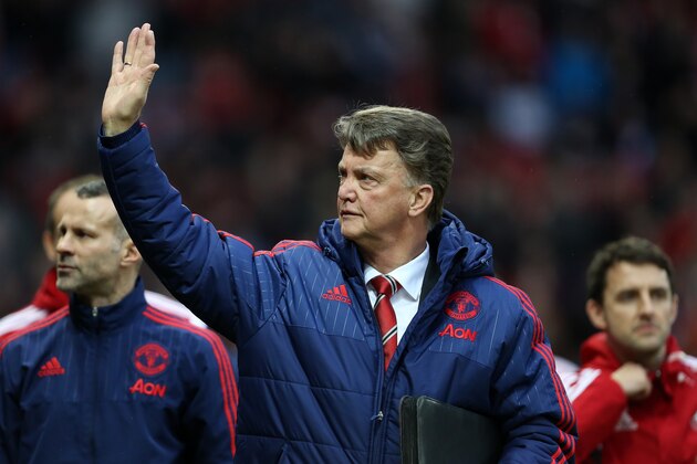 MANCHESTER, ENGLAND - JANUARY 02: Louis van Gaal manager of Manchester United waves during the Barclays Premier League match between Manchester United and Swansea City at Old Trafford on January 2, 2016 in Manchester, England.  (Photo by James Baylis - AMA/Getty Images)