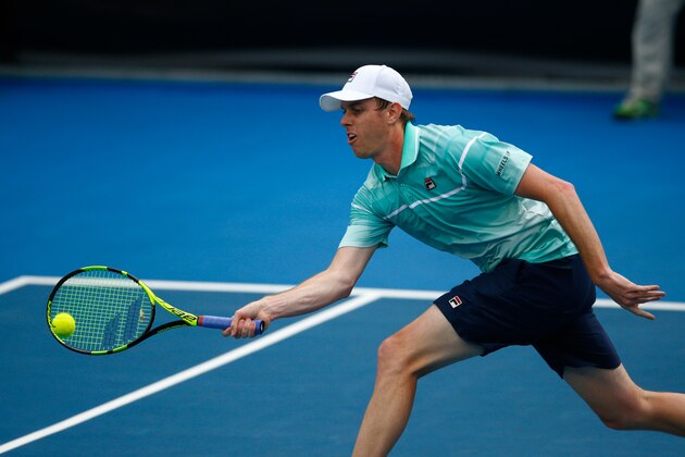AUCKLAND, NEW ZEALAND - JANUARY 12:  Sam Querrey of the USA plays a forehand against Aljaz Bedene of Great Britain in their singles match on Day 8 of the ASB Classic on January 12, 2016 in Auckland, New Zealand.  (Photo by Phil Walter/Getty Images)