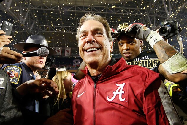 GLENDALE, AZ - JANUARY 11:  Head coach Nick Saban of the Alabama Crimson Tide celebrates after defeating the Clemson Tigers in the 2016 College Football Playoff National Championship Game at University of Phoenix Stadium on January 11, 2016 in Glendale, Arizona.  The Crimson Tide defeated the Tigers with a score of 45 to 40.  (Photo by Christian Petersen/Getty Images)