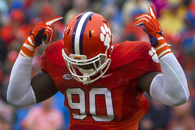 Oct 10, 2015; Clemson, SC, USA; Clemson Tigers defensive end Shaq Lawson (90) reacts between plays during the first half against the Georgia Tech Yellow Jackets at Clemson Memorial Stadium. Mandatory Credit: Joshua S. Kelly-USA TODAY Sports