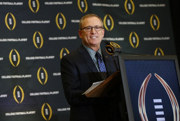 Dec 6, 2015; Grapevine, TX, USA; College football playoff selection committee chairman Jeff Long speaks to the media during selection day at the Gaylord Texan Hotel. Mandatory Credit: Kevin Jairaj-USA TODAY Sports