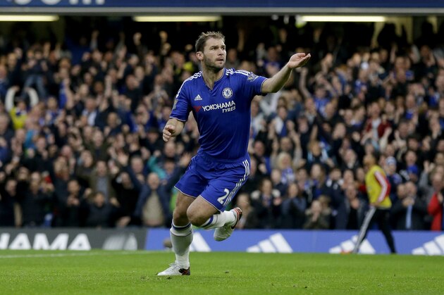 Chelsea's Branislav Ivanovic celebrates scoring his side's first goal during the English Premier League soccer match between Chelsea and Sunderland at Stamford Bridge stadium in London, Saturday, Dec. 19, 2015. (AP Photo/Matt Dunham)