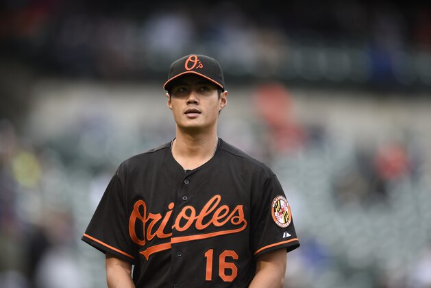 Baltimore Orioles pitcher Wei-Yin Chen walks to the dugout after pitching toe the New York Yankees in the first  baseball game of a double header in Baltimore, Saturday, Oct. 3, 2015. (AP Photo/Gail Burton)
