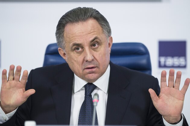 Russian Sports Minister Vitaly Mutko gestures during a news conference in Moscow, Russia, Friday, Dec. 25, 2015. The International Association of Athletics Federations says a taskforce will visit Russia for the first time on Jan. 10-11 next year to inspect the response to the doping scandal which caused it to be banned from the sport.  (AP Photo/Pavel Golovkin)