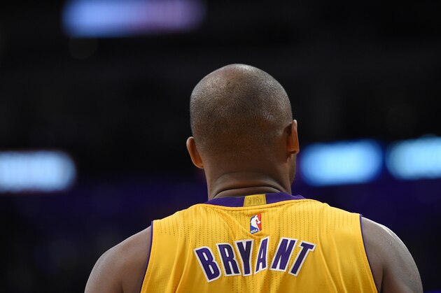 Los Angeles Lakers forward Kobe Bryant stands on the court during the second half of an NBA basketball game against the Oklahoma City Thunder, Friday, Jan. 8, 2016, in Los Angeles. The Thunder won 117-113. (AP Photo/Mark J. Terrill)