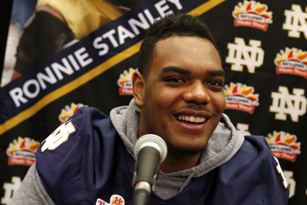 Notre Dame offensive lineman Ronnie Stanley speaks with reporters during media day for the Fiesta Bowl NCAA college football game, Wednesday, Dec. 30, 2015, in Scottsdale, Ariz. Notre Dame plays Ohio State on New Year's Day. (AP Photo/Rick Scuteri)