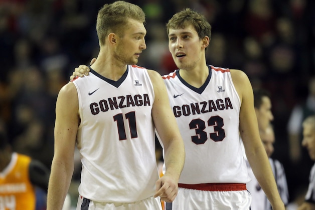 Gonzaga forward Domantas Sabonis, left, and Kyle Wiltjer, after an NCAA college basketball game against Tennessee, Saturday, Dec. 19, 2015, in Seattle. Gonzaga beat Tennessee 86-79. (AP Photo/Ted S. Warren)