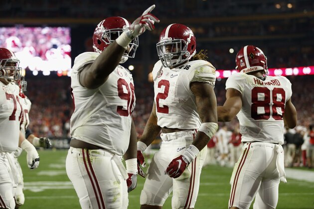 GLENDALE, AZ - JANUARY 11:  Derrick Henry #2 of the Alabama Crimson Tide celebrates with his teammates after scoring a one yard touchdown in the second quarter against the Clemson Tigers during the 2016 College Football Playoff National Championship Game at University of Phoenix Stadium on January 11, 2016 in Glendale, Arizona.  (Photo by Sean M. Haffey/Getty Images)